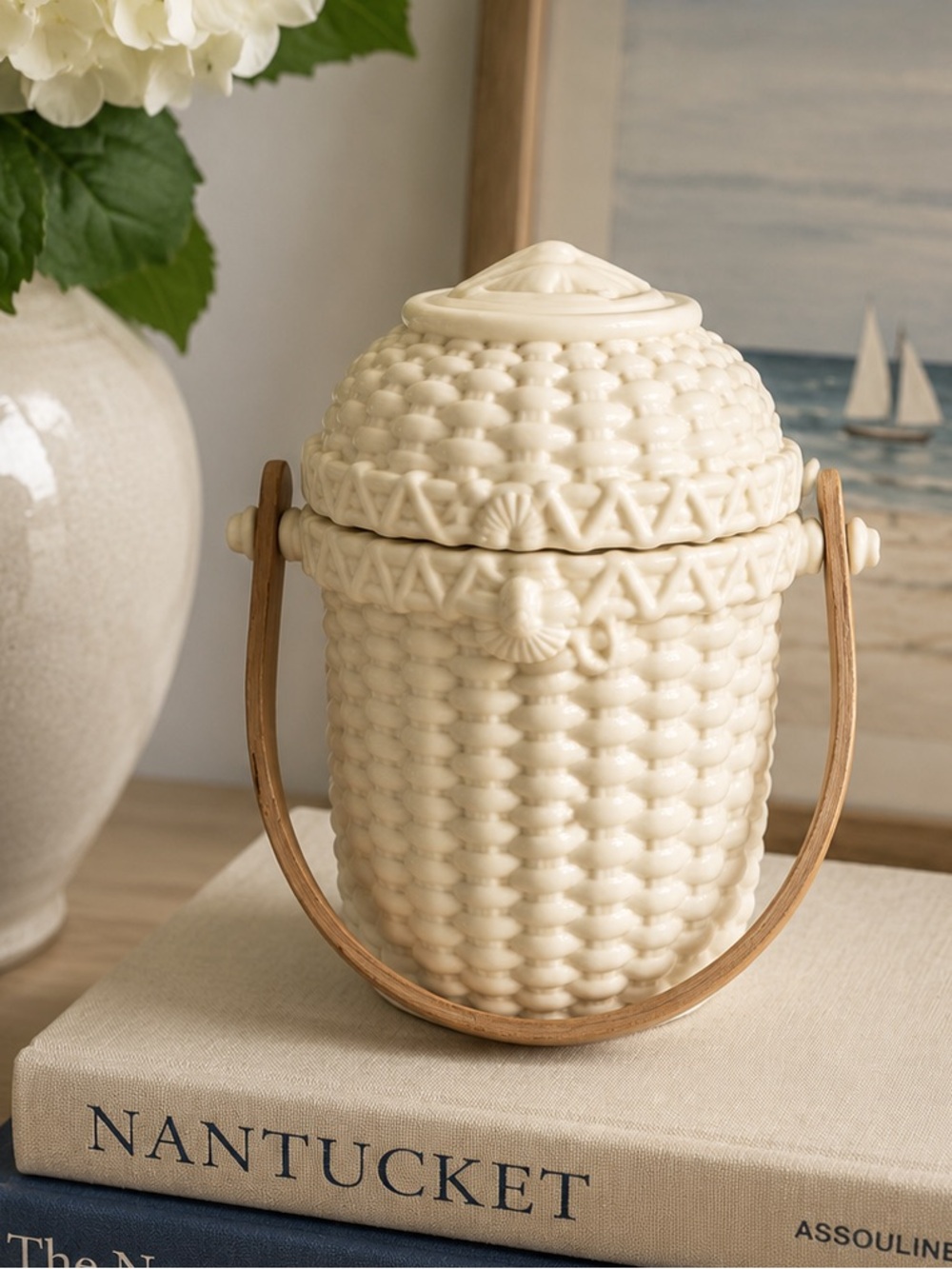 Vintage Nantucket Basket Bisque Jar w Wood Handle | Candleholder | Trinket Jar